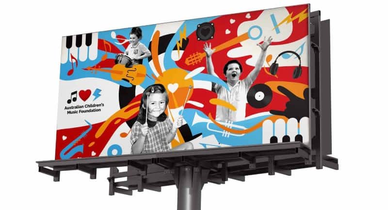 Australian Children’s Music Foundation relaunches brand via Guts Creative OOH mockup